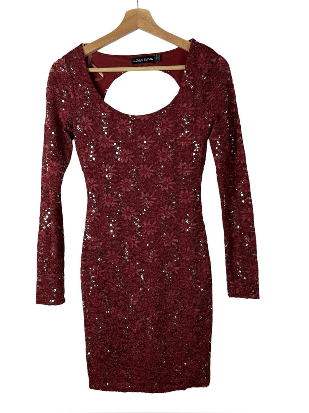 Midnight Doll Red Floral Sequin Long Sleeve Bodycon‎ Mini Dress S